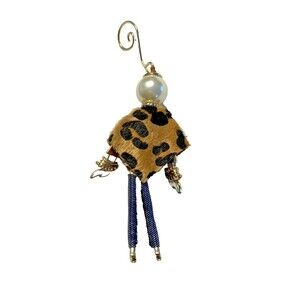 Chico’s Christmas Ornament Lady Animal Print Poncho & Denim Jeans Heals